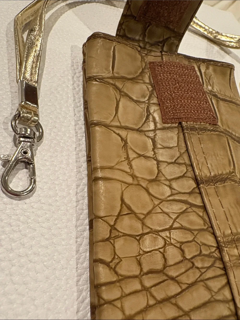 Embellished Faux Croc-Embossed Phone Clutch - Gold/ Taupe